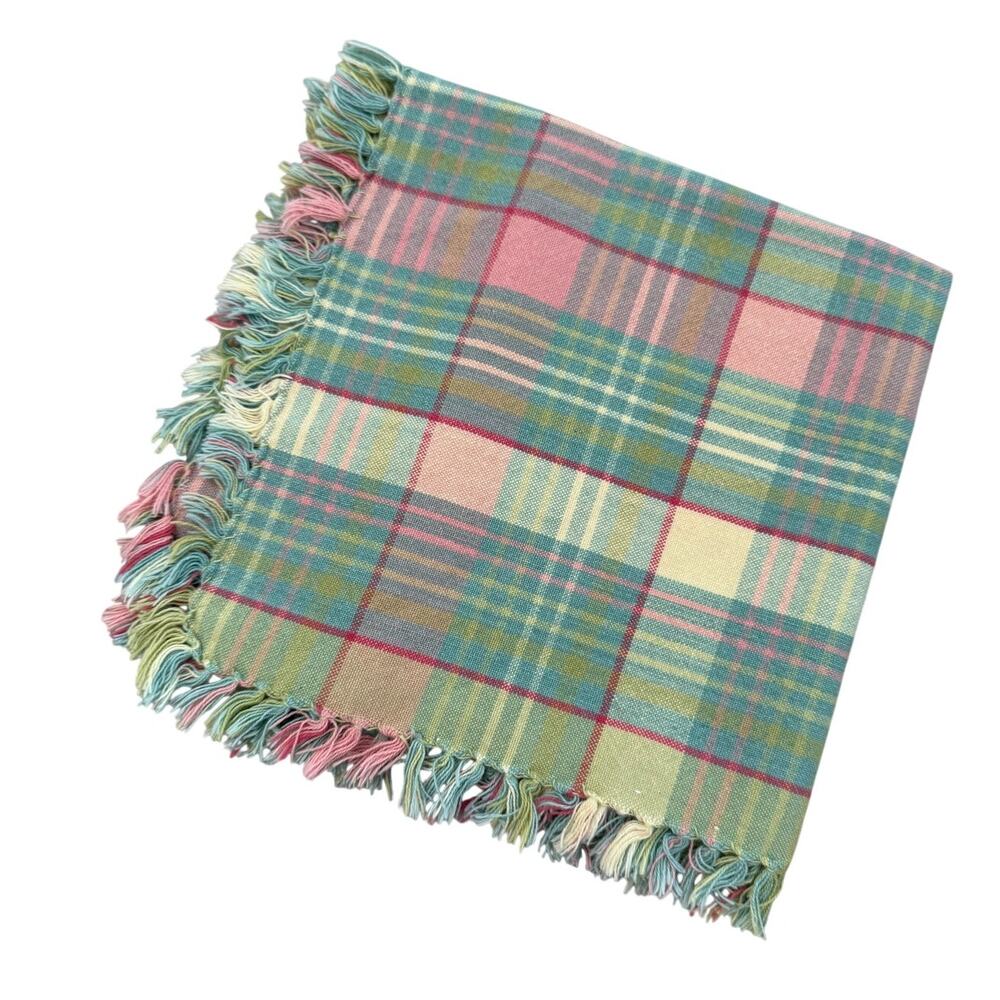 Country Cotton Fringed Napkin Bundle Pastel Pink Blue Plaid Print